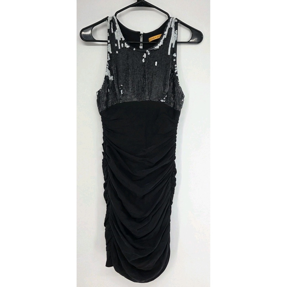 Alice + Olivia Annette Sequin Bodice Draped Rouched Dress Black See Measurements